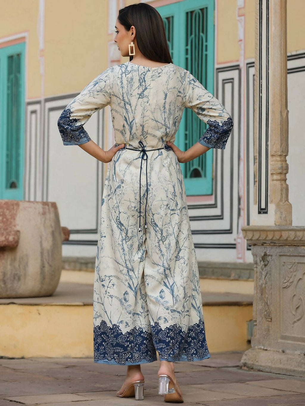 Juniper Women's Offwhite Rayon Staple Printed With Embroidery Straight Jumpsuit | Grocsy