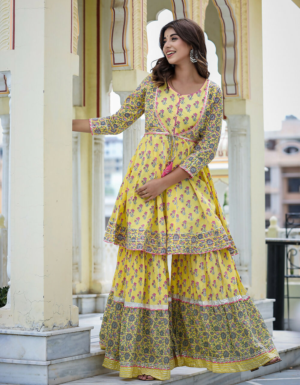 Kaajh Women's Yellow Floral Paplum Kurta Sharara Set With Dupatta | Grocsy