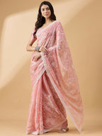 Peach Tissue Slub Embroidered Saree with Unstitched Blouse - Vairagi | Grocsy