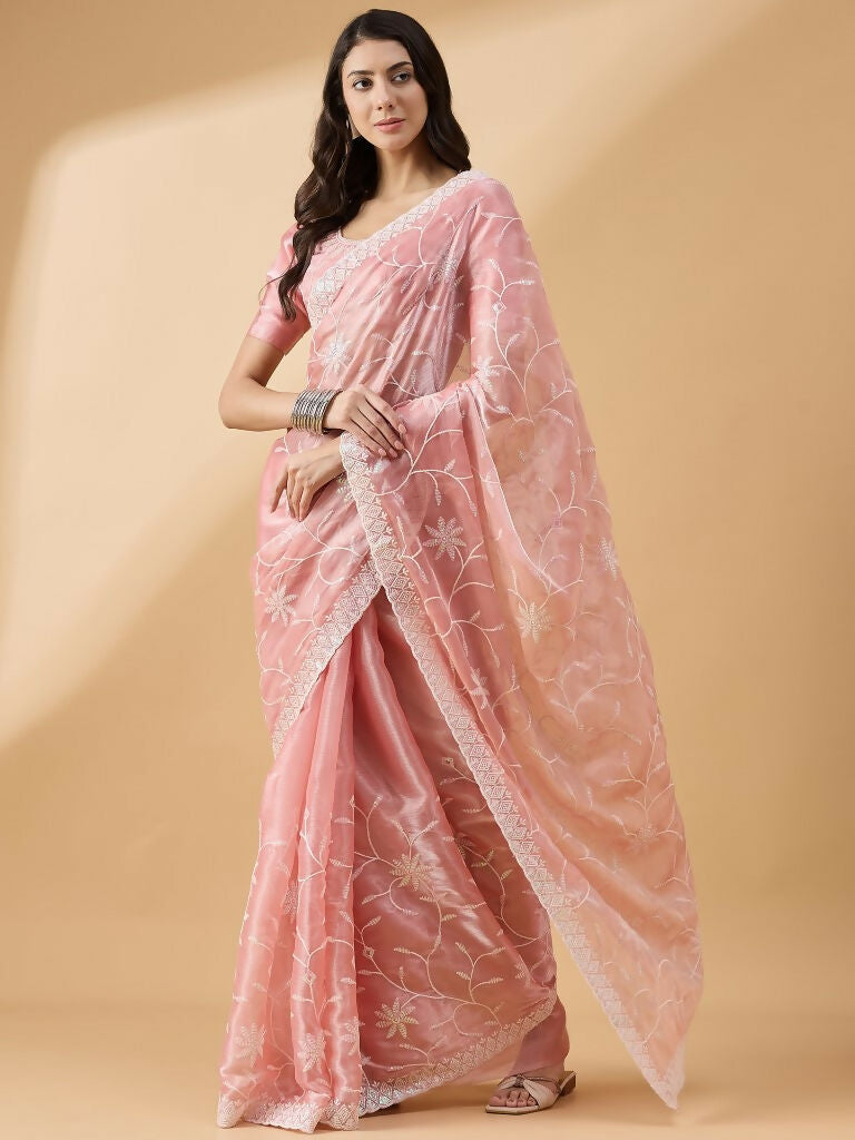 Peach Tissue Slub Embroidered Saree with Unstitched Blouse - Vairagi | Grocsy