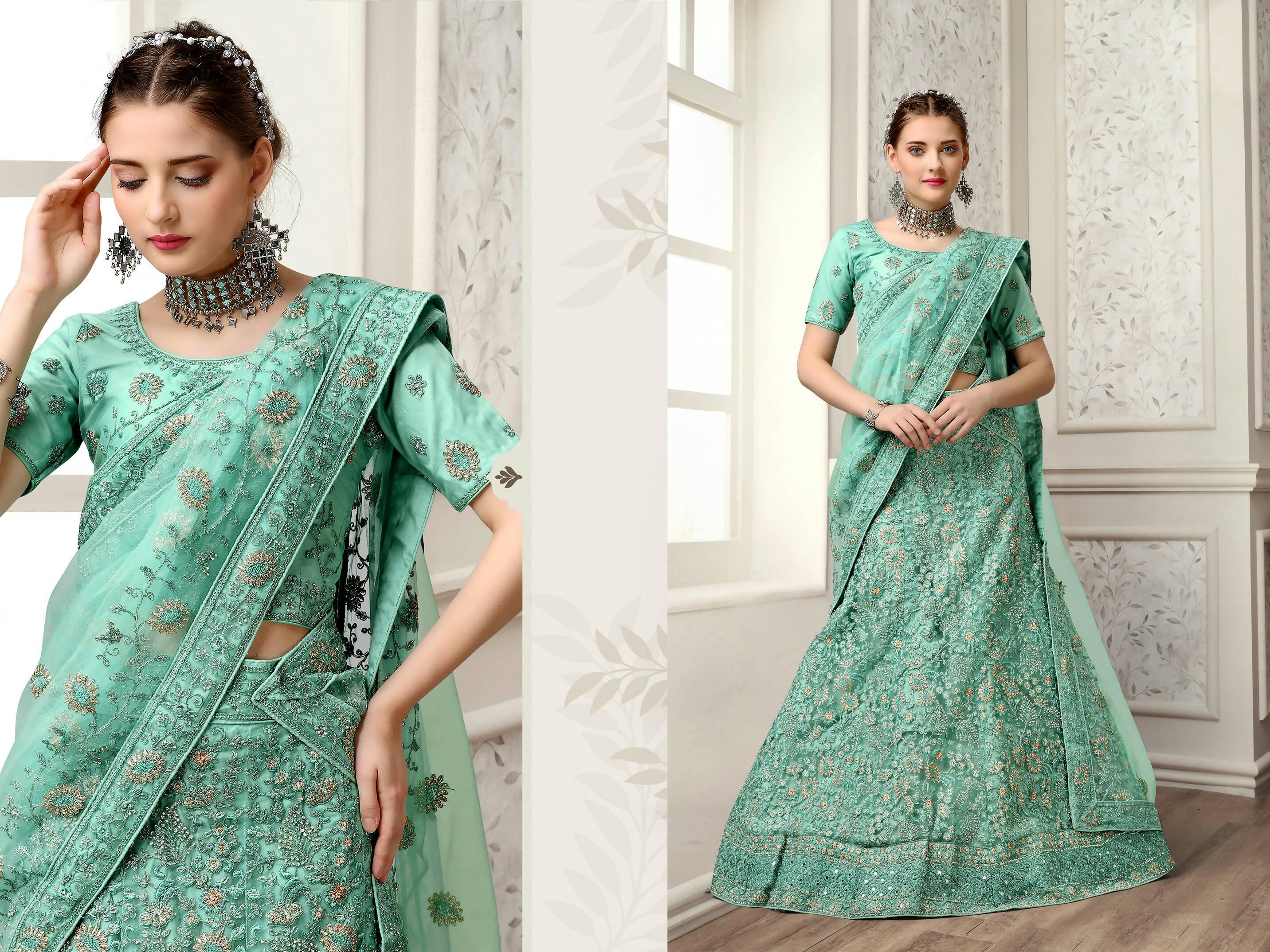 Turquoise Net Fancy Zari Embroidered work Lehenga Choli with Dupatta - Heer | Grocsy