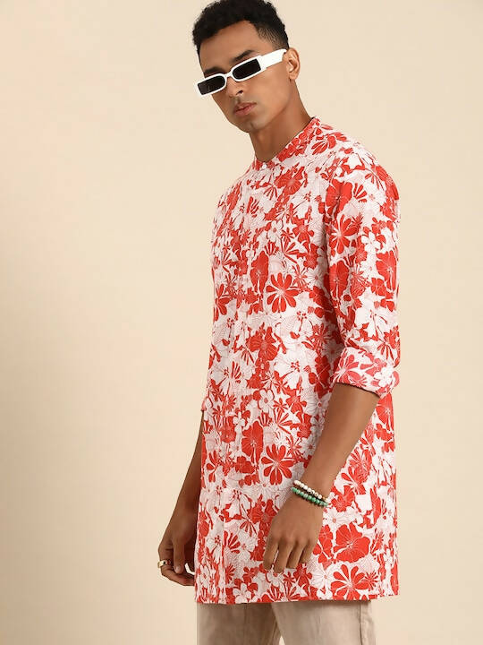 Red & White Men pure Cotton Floral Printed Straight Kurta - Mahotsav | Grocsy