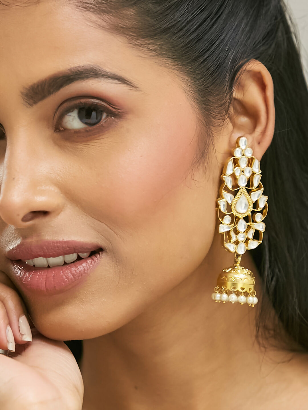 Nuyug 22K Gold-Plated Regal Kundan Stone Studded & Pearl Drop Jhumkas | Grocsy