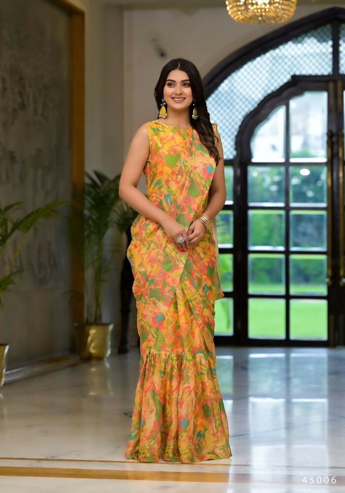 Partywear Designer Yellow Slime Georgette Fancy Saree - Anbazaar | Grocsy