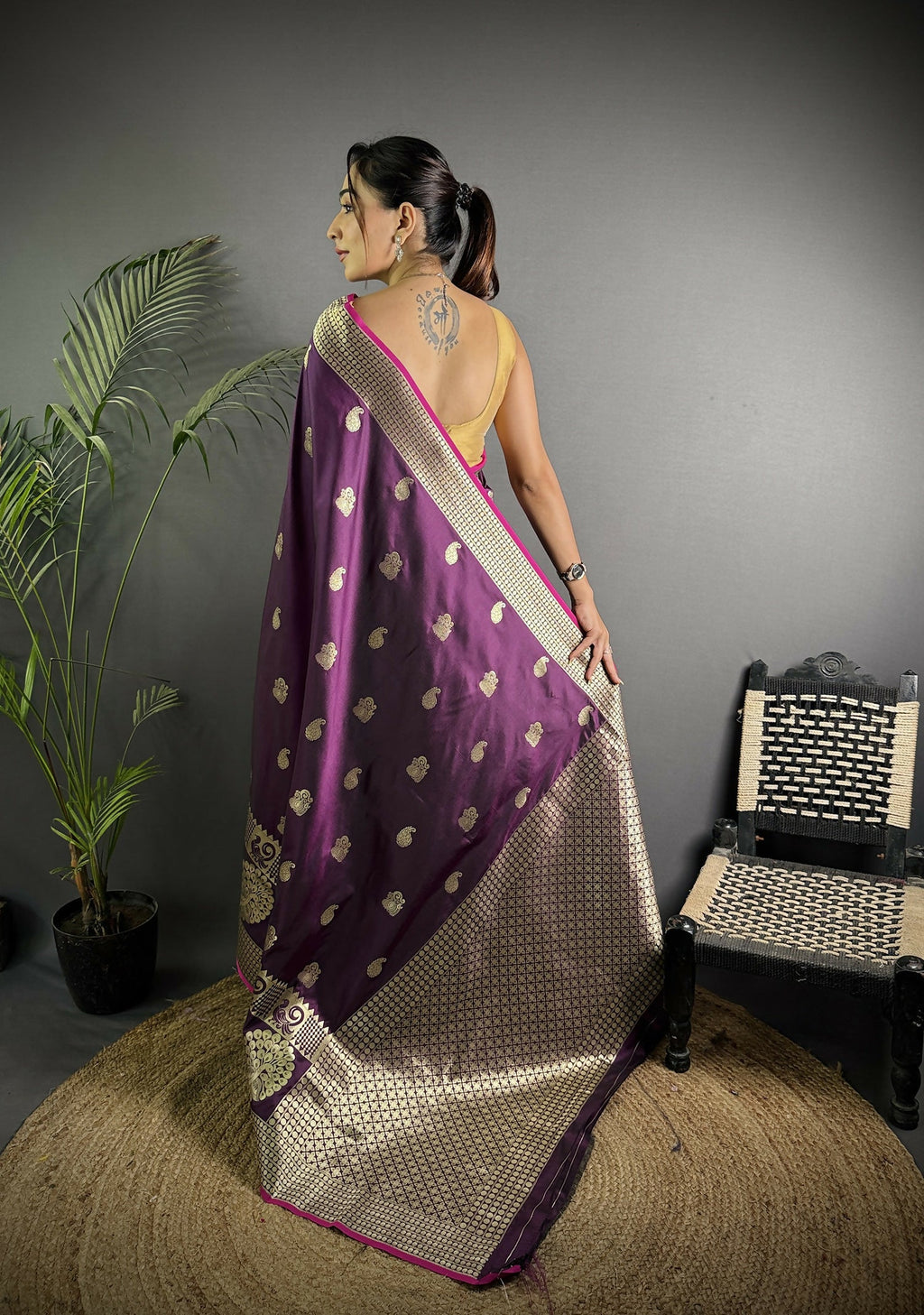 Joban Fashion Wine Banarasi Soft Lichi Silk Paisley Saree | Grocsy