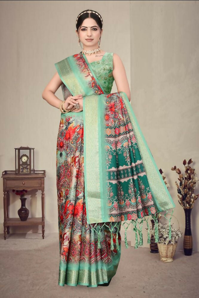 PR Fashion Multi Heavy Rich Cotton Silk Digital Print & Jacquard Saree | Grocsy