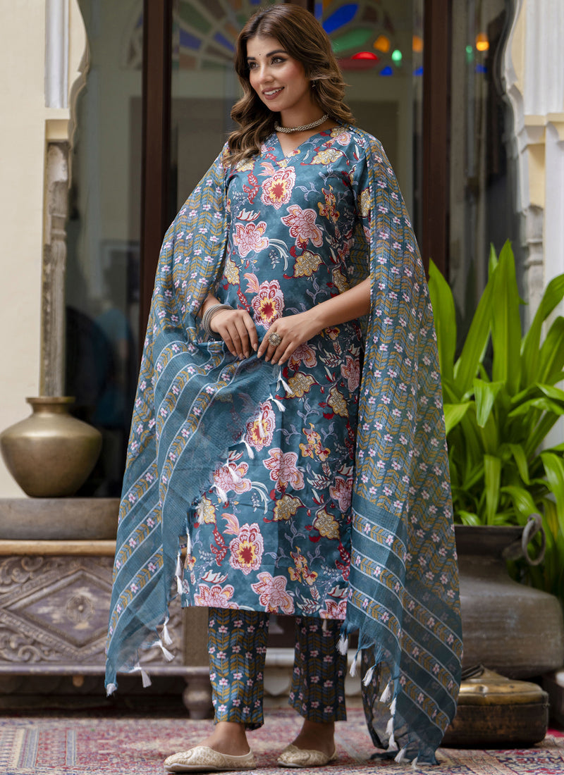Vegaa Fashion Teal Cotton Kota Checks Salwar Suit | Grocsy