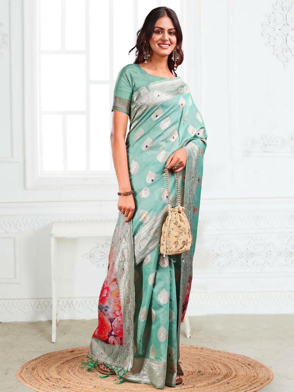 Shree Shyam Fashion Linen Cotton Rama Green Saree | Grocsy