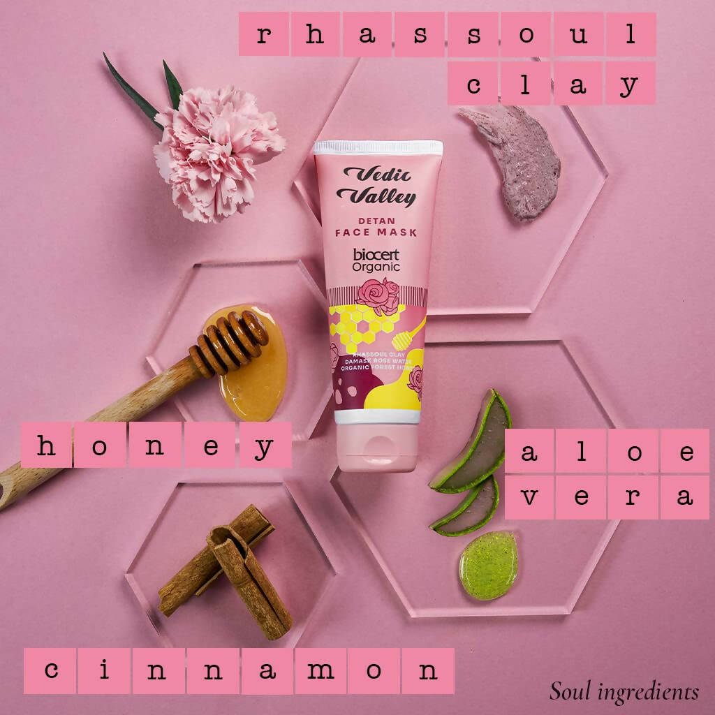Vedic Valley Detan Face Mask With Rhassoul Clay & Damask Rose Water | Grocsy