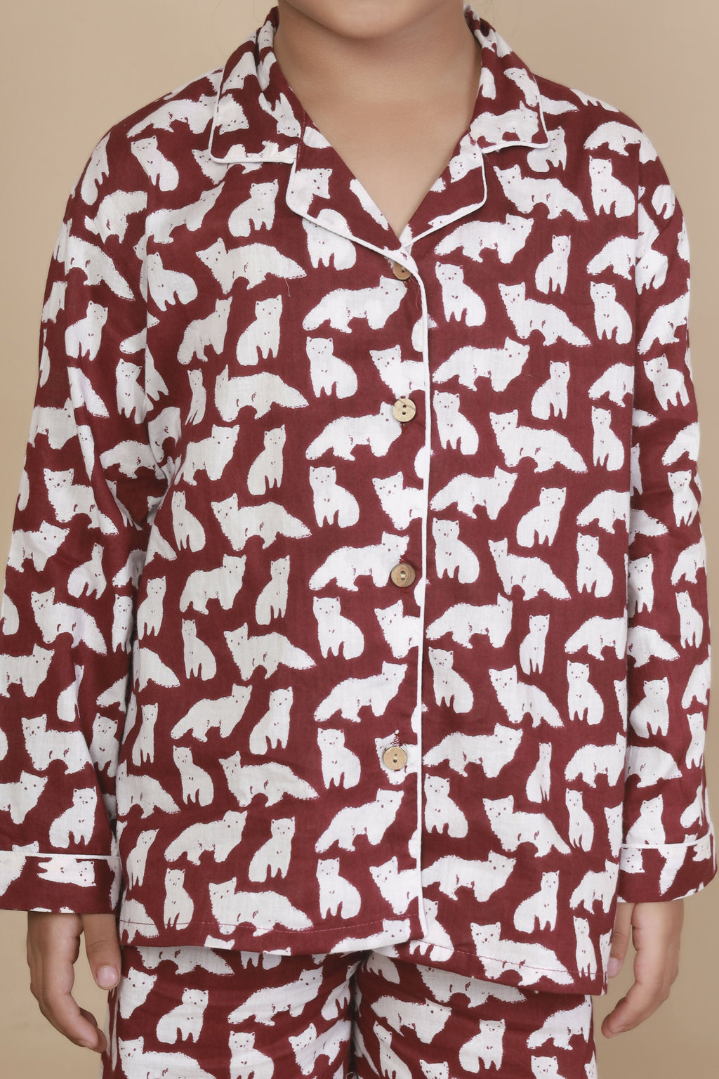 Breathables Kids Cotton Night Suit – Maroon Cat Print Shirt & Pyjama Co-Ord Set For Boys & Girls | Grocsy