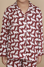 Breathables Kids Cotton Night Suit – Maroon Cat Print Shirt & Pyjama Co-Ord Set For Boys & Girls | Grocsy