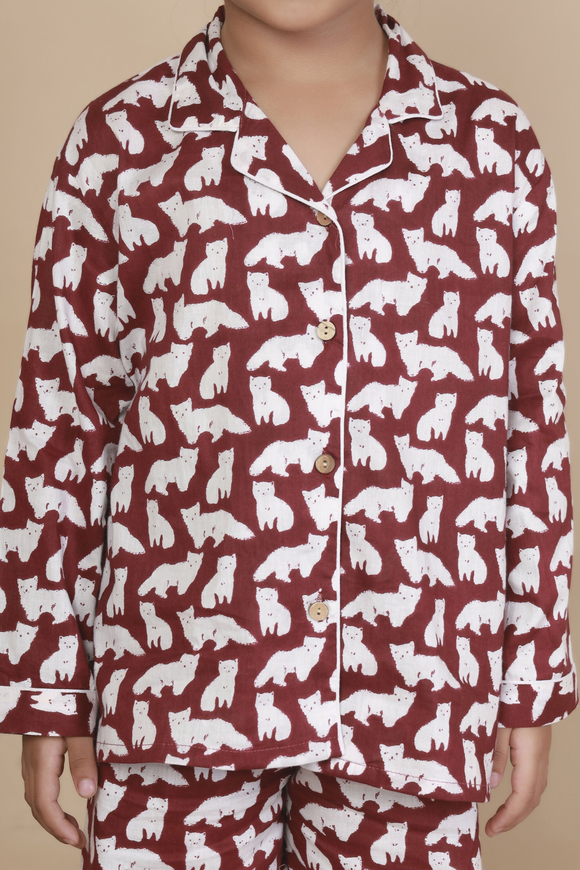 Breathables Kids Cotton Night Suit – Maroon Cat Print Shirt & Pyjama Co-Ord Set For Boys & Girls | Grocsy