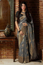 DEIANA'S Beautiful Designer Golden zari Soft Lichi Silk Saree - Grey | Grocsy