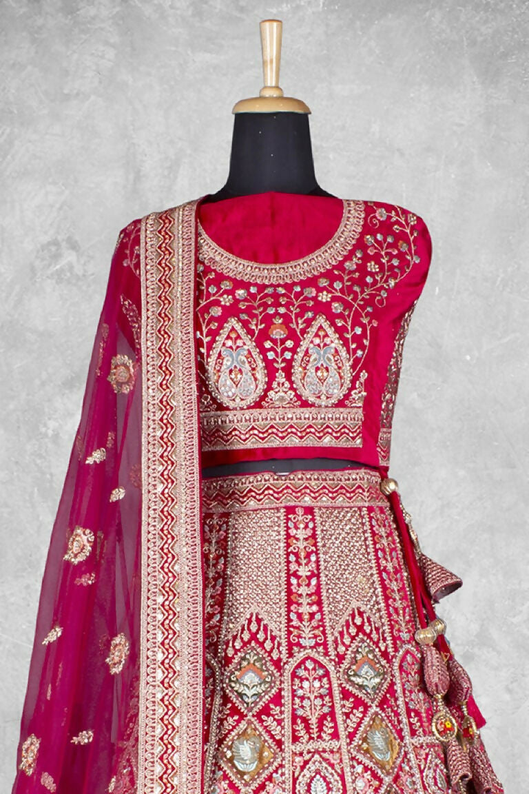 Pink Velvet Pure Mirror Work Semi Stitched Lehenga Choli with Dupatta - Nimaya Lagnotsav | Grocsy