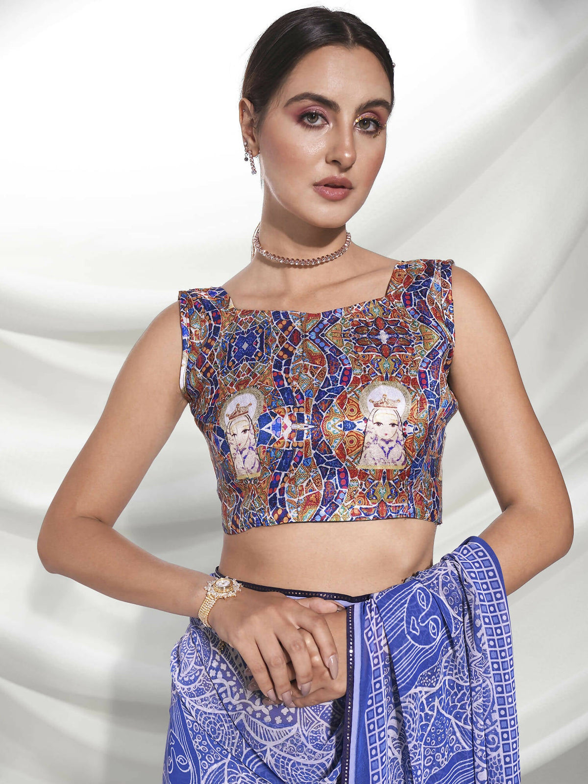 Blue Georgette Floral Printed Saree With Unstitched Blouse Piece - Rajal | Grocsy
