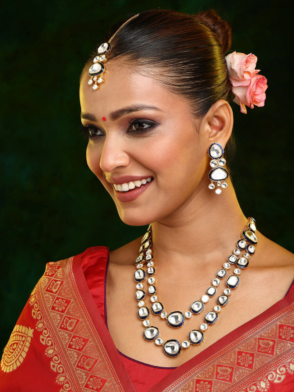 Ruby Raang 22k Gold Polished Blue Meenakari Kundan Layered Necklace With Earrings & Maang Tikka | Grocsy