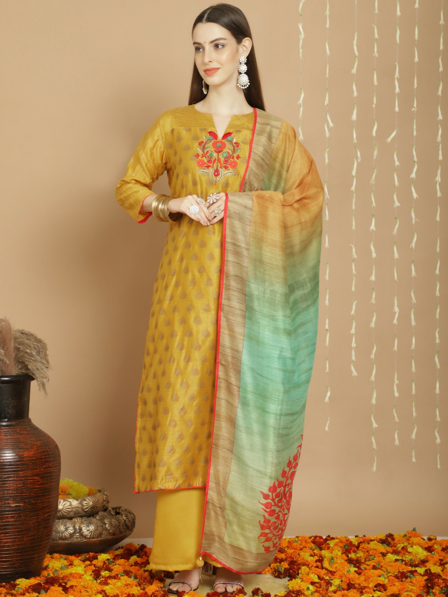 Jyoti Fashion Women's Yellow Chanderi Silk Elegant Jardoshi Semi Kurta with Trouser & Dupatta | Grocsy