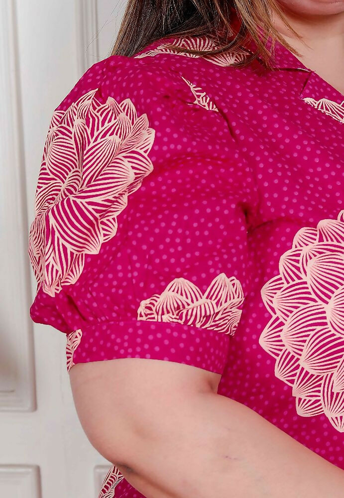 Miravan Plus Size Womens Pink Printed Collar Neck Short Puff Sleeves Cotton A-Line Maxi Dress | Grocsy