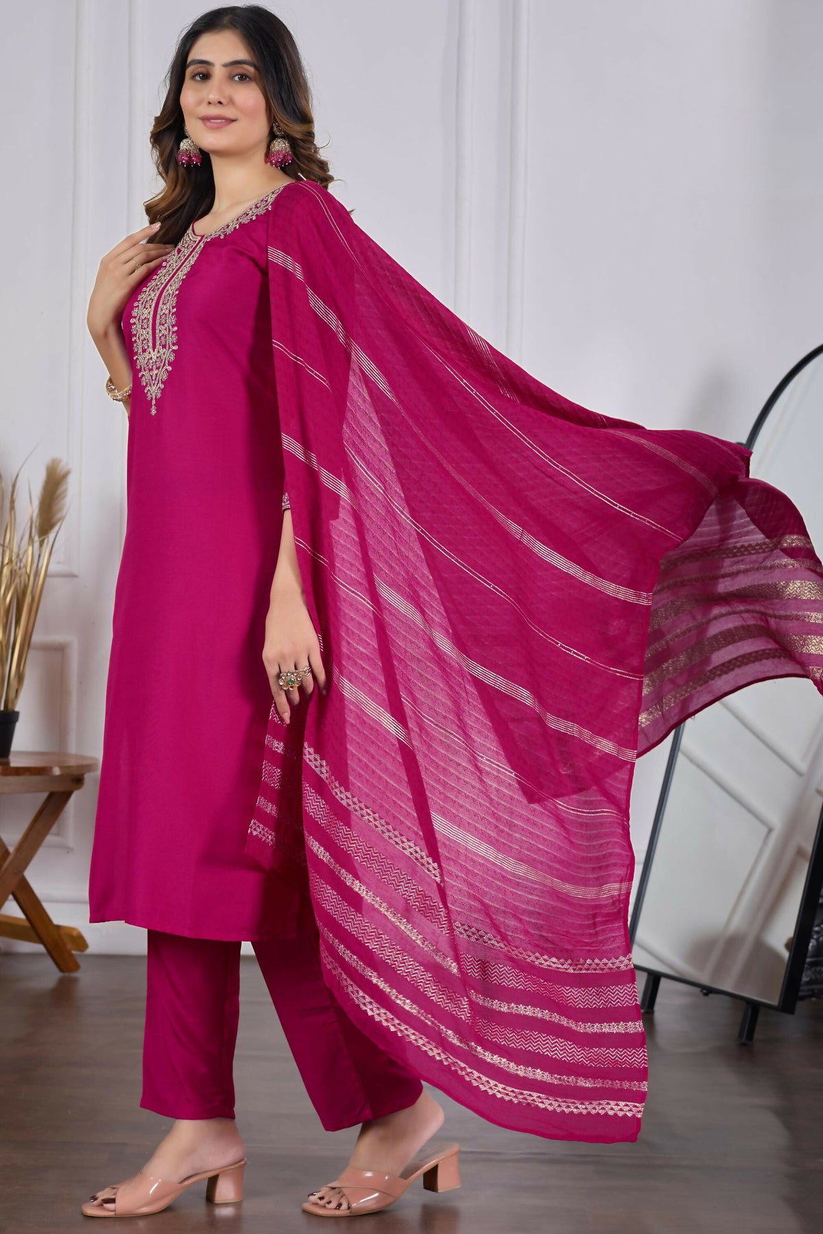 The52 Pink Women's Beautiful Embroidered Rayon Slub Fabric with Straight Kurta, Pant and Dupatta Set | Grocsy