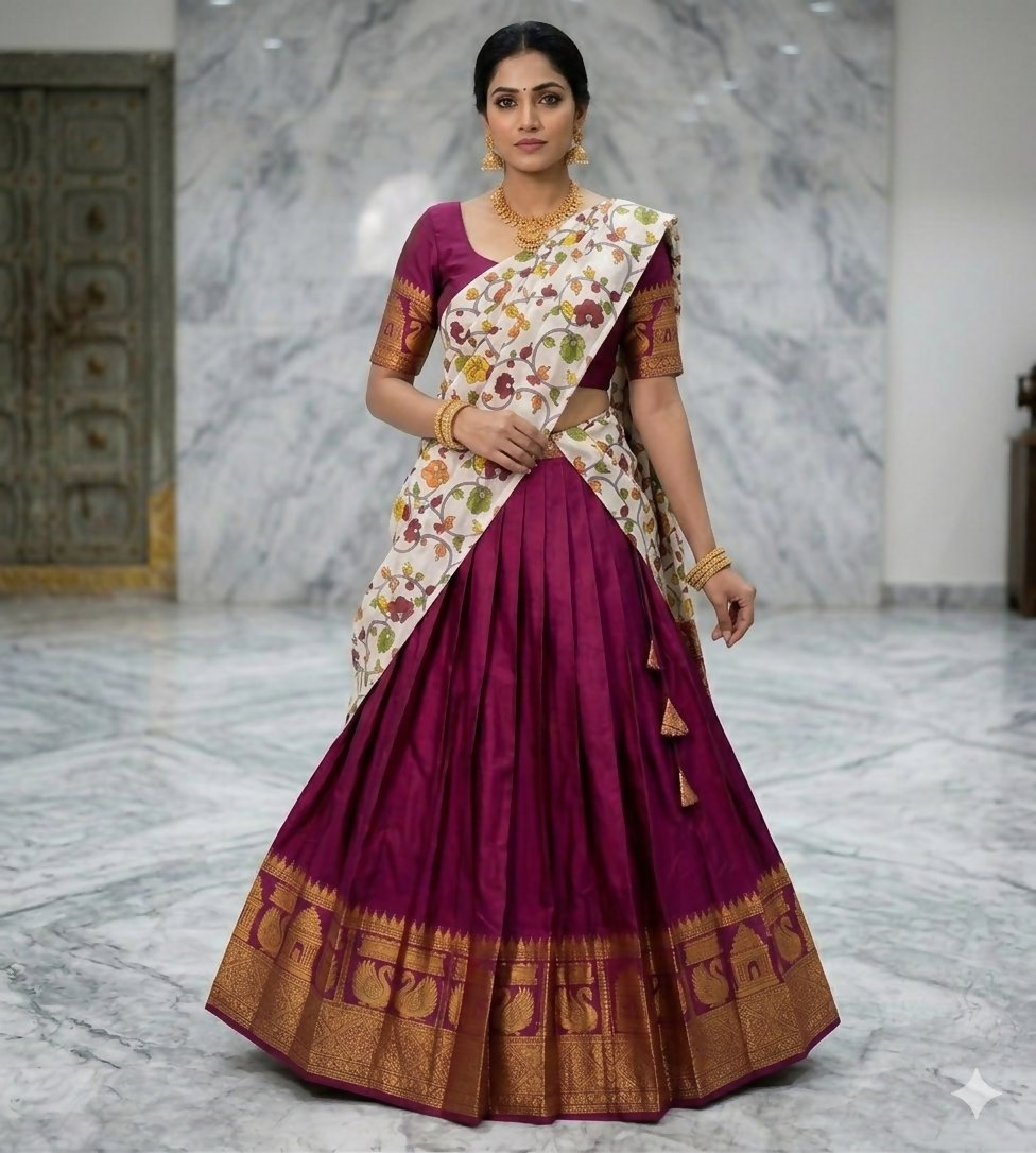 Teeya Creation Womens New Trendy Wine Traditional Pleated Lehenga Choli Set with Floral Printed Dupatta and Contrast Zari Border Set | Grocsy