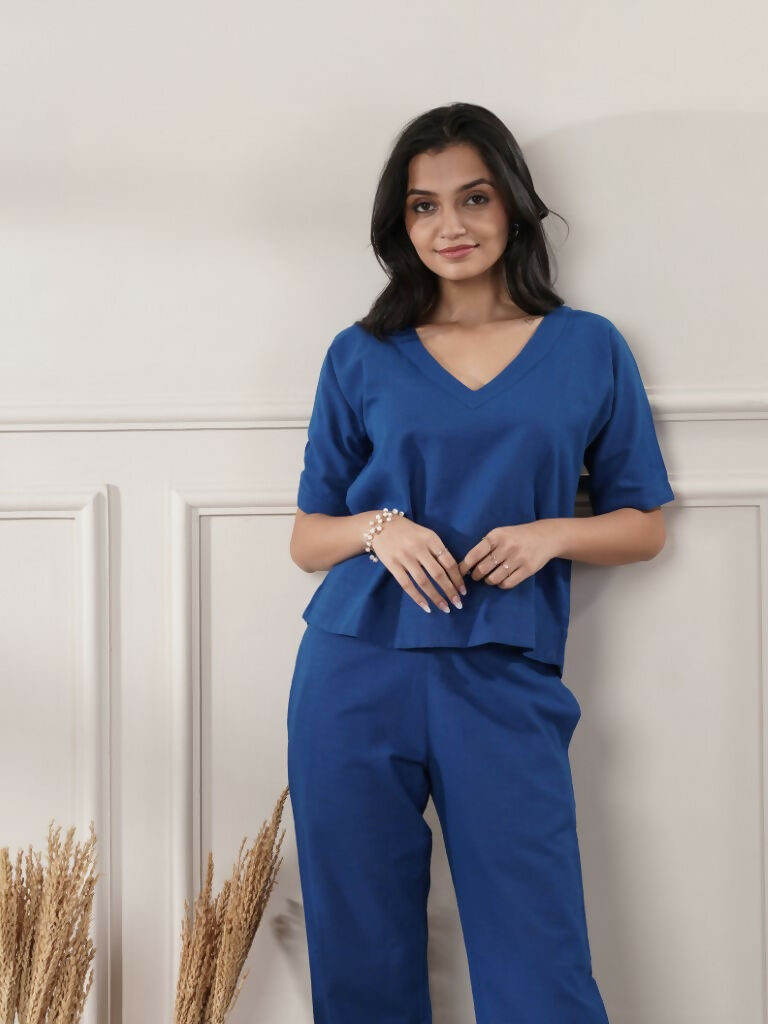 Joban Fashion Women's Royal Blue Co-Ord Set V Neck | Grocsy