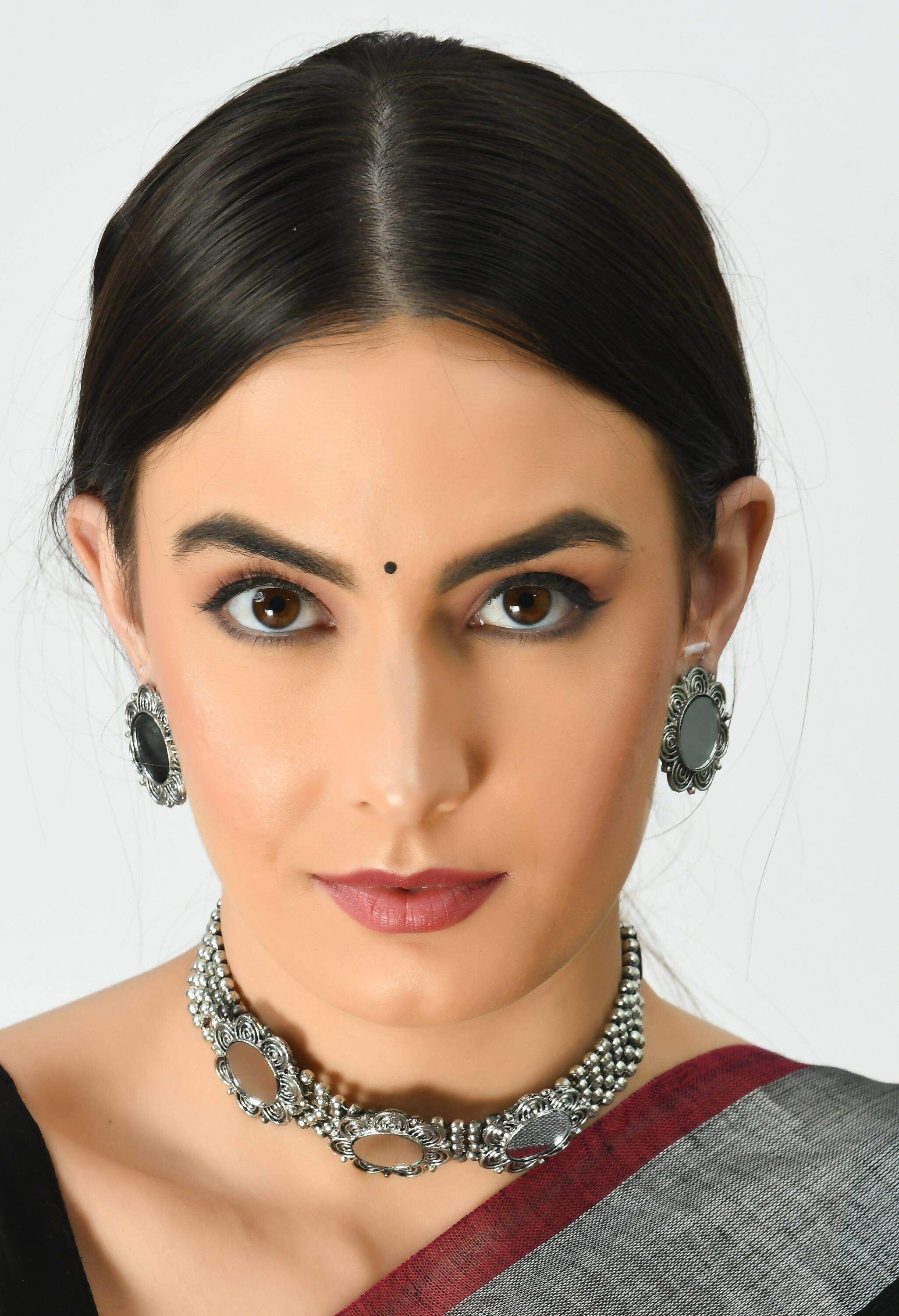 Mominos Fashion Johar Kamal Oxidised Silver-Plated Mirror Design Necklace Choker Set For Women | Grocsy