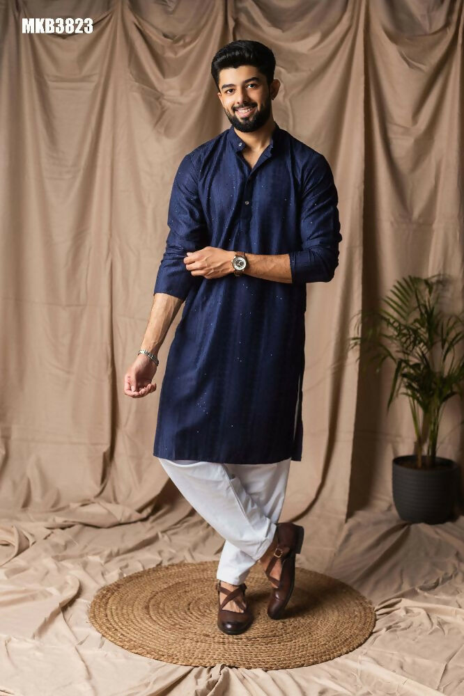 Navy Blue Rayon Thread Embroidery Work Kurta Set - Mahotsav | Grocsy