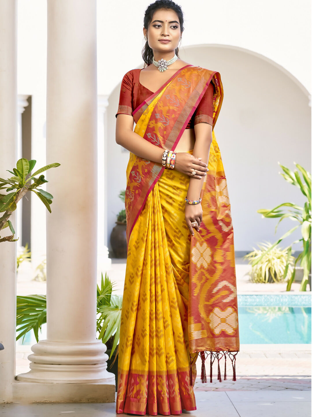 Shree Shyam Fashion Pochampalli Silk Yellow Saree | Grocsy