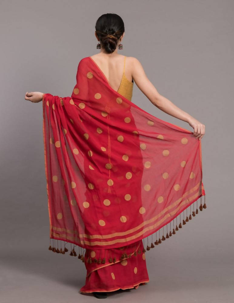 Suta Red Beige Polka Printed Pure Cotton Saree | Grocsy
