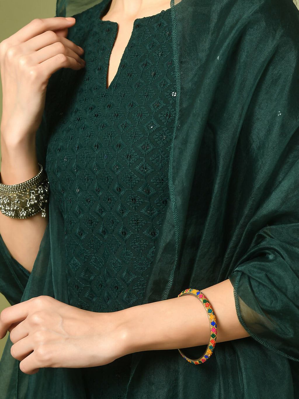 Myshka Women's Green Embroidered Cotton Straight Party Kurta Set With Dupatta | Grocsy