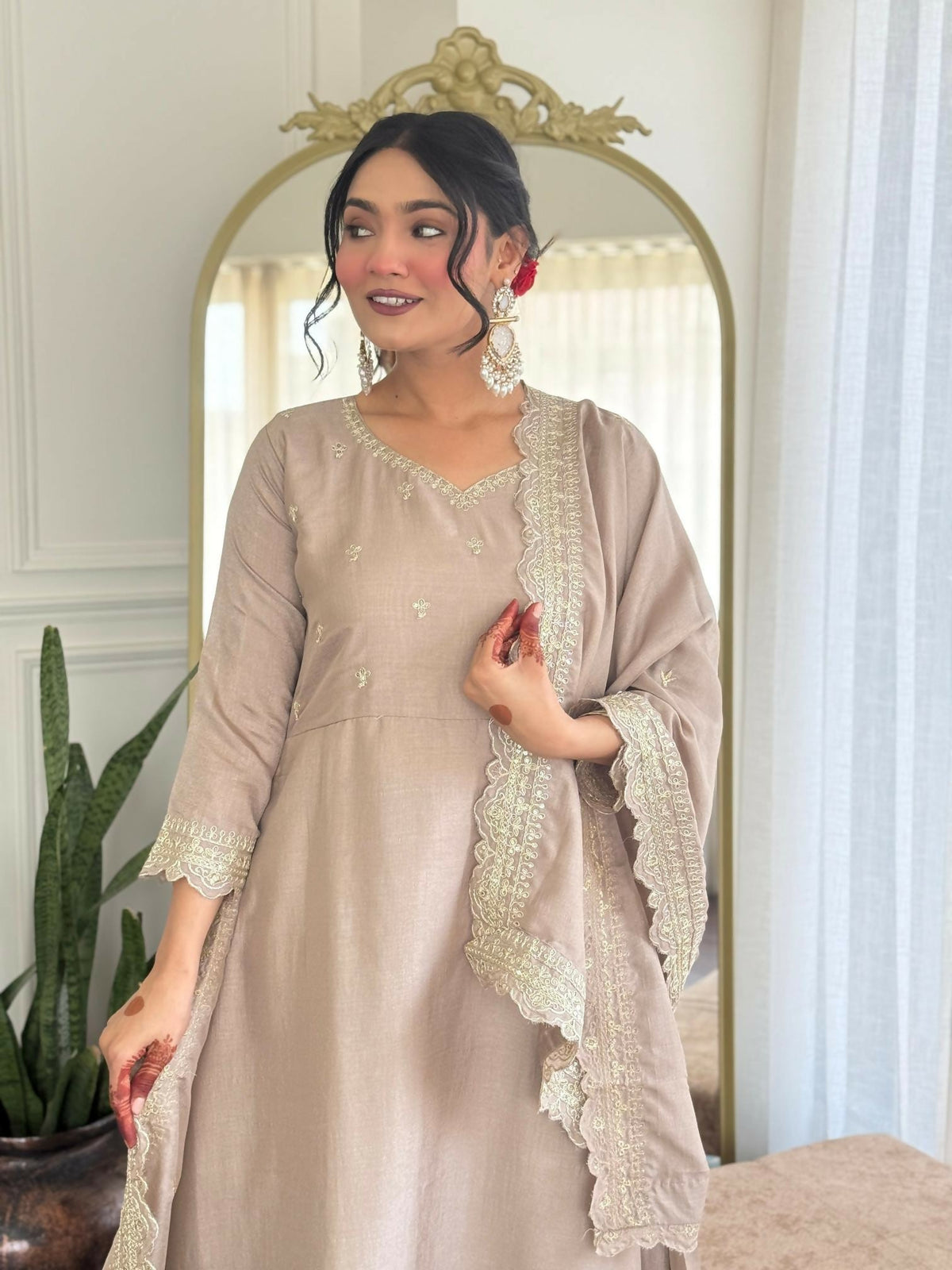 The52 CreamWomen's Gorgeous Vichitra Silk Fabric Embroidered Work Flared Anarkali Pant and Dupatta Set | Grocsy
