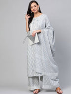 Yufta Grey and White Printed Kurta With Palazzo and Dupatta Set | Grocsy