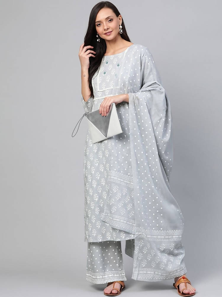 Yufta Grey and White Printed Kurta With Palazzo and Dupatta Set | Grocsy