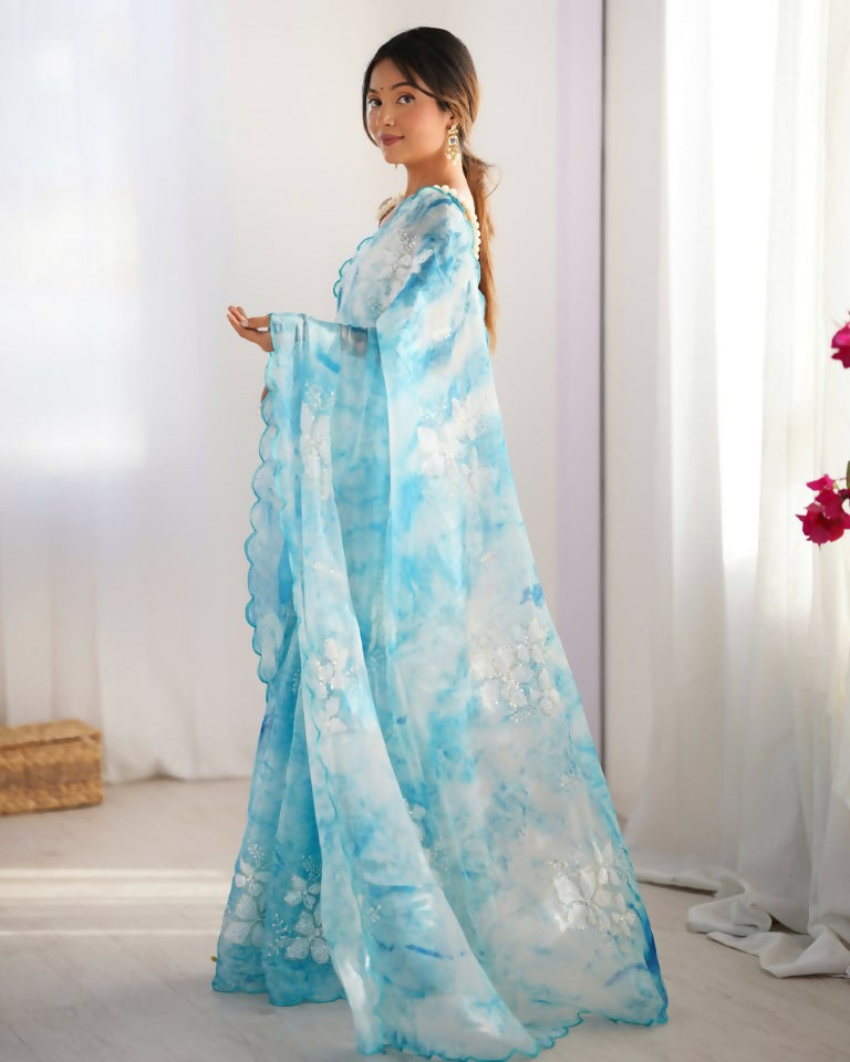 Sky Blue Jimmy Choo Printed, Sequence Embroidery Work Saree - Saima | Grocsy
