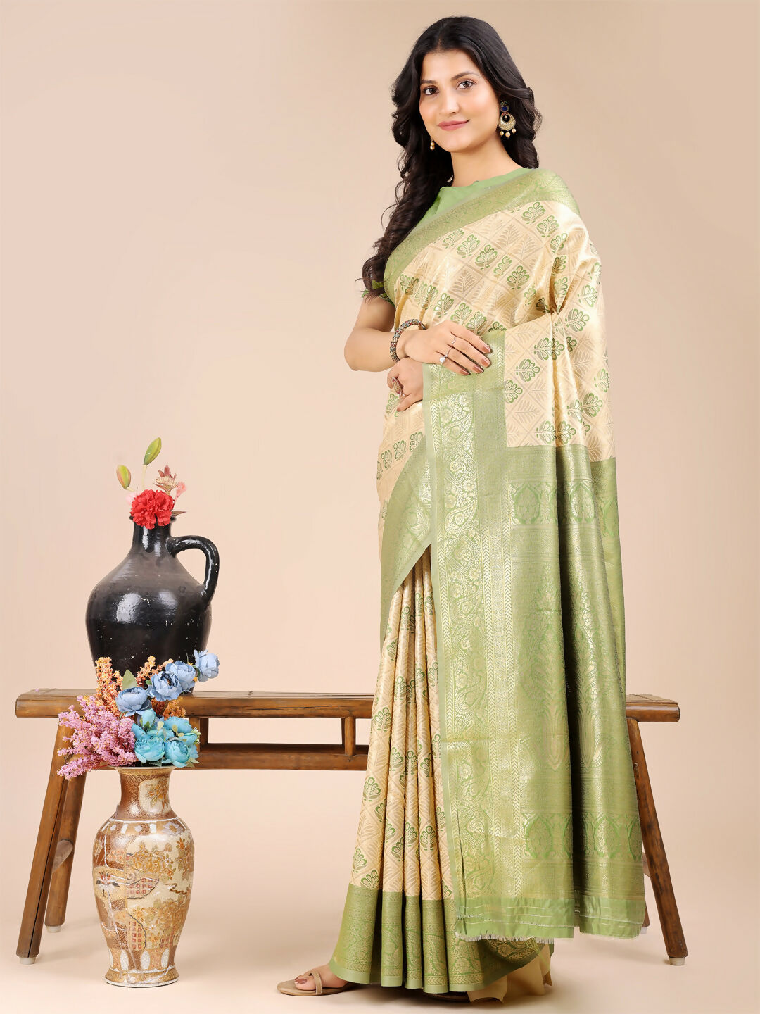 Shree Shyam Fashion Aura Silk Cream Light Green Banarasi Silk Saree | Grocsy