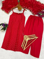 Teeya Creation Womens New Elegant Red Embroidered Kurti with Matching Bottom Set | Grocsy