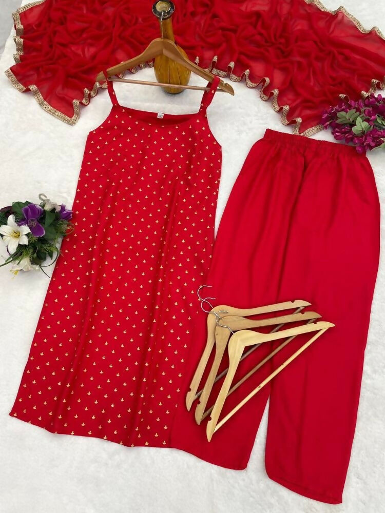 Teeya Creation Womens New Elegant Red Embroidered Kurti with Matching Bottom Set | Grocsy