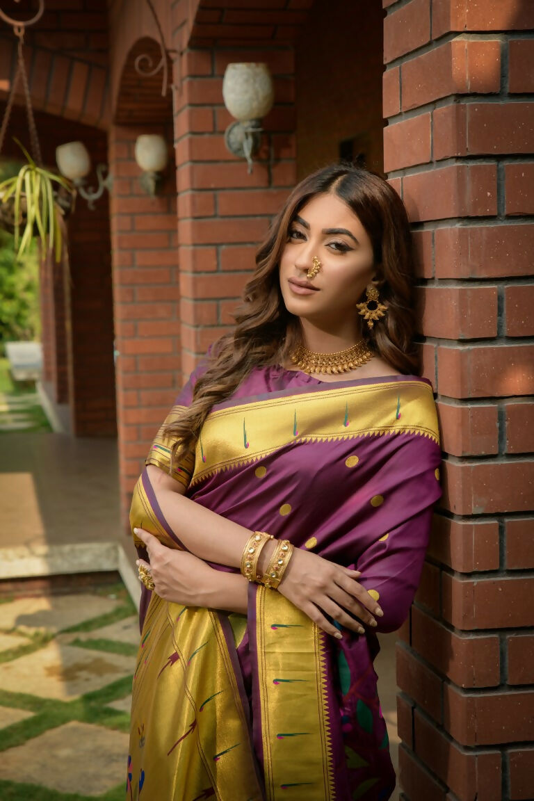Jyoti Fashion Women's Wine Paithani Silk Zari Woven Saree with Blouse | Grocsy