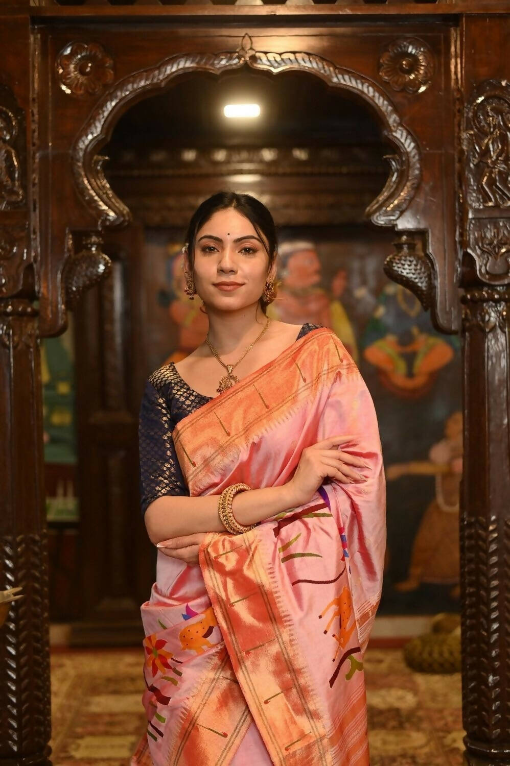 Very Much Indian Pure Silk Intricately Woven Handloom Paithani-Pretty Peach | Grocsy