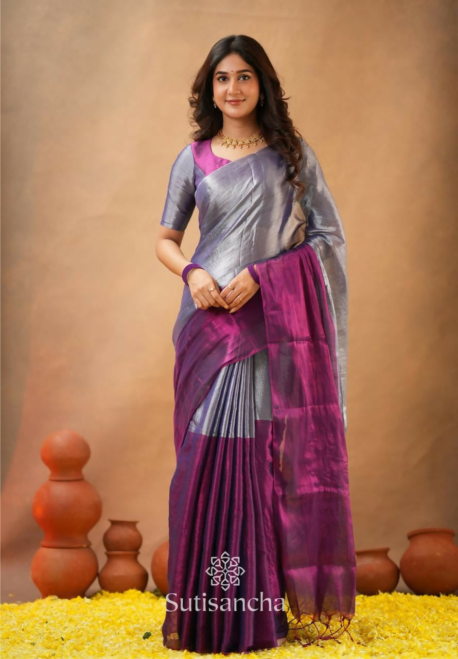 Exclusive Collection Beautiful Gray Magenta Tissue Silk Hand Weaving Handloom Saree With Running Blouse Piece | Grocsy