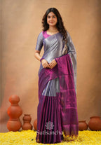 Exclusive Collection Beautiful Gray Magenta Tissue Silk Hand Weaving Handloom Saree With Running Blouse Piece | Grocsy