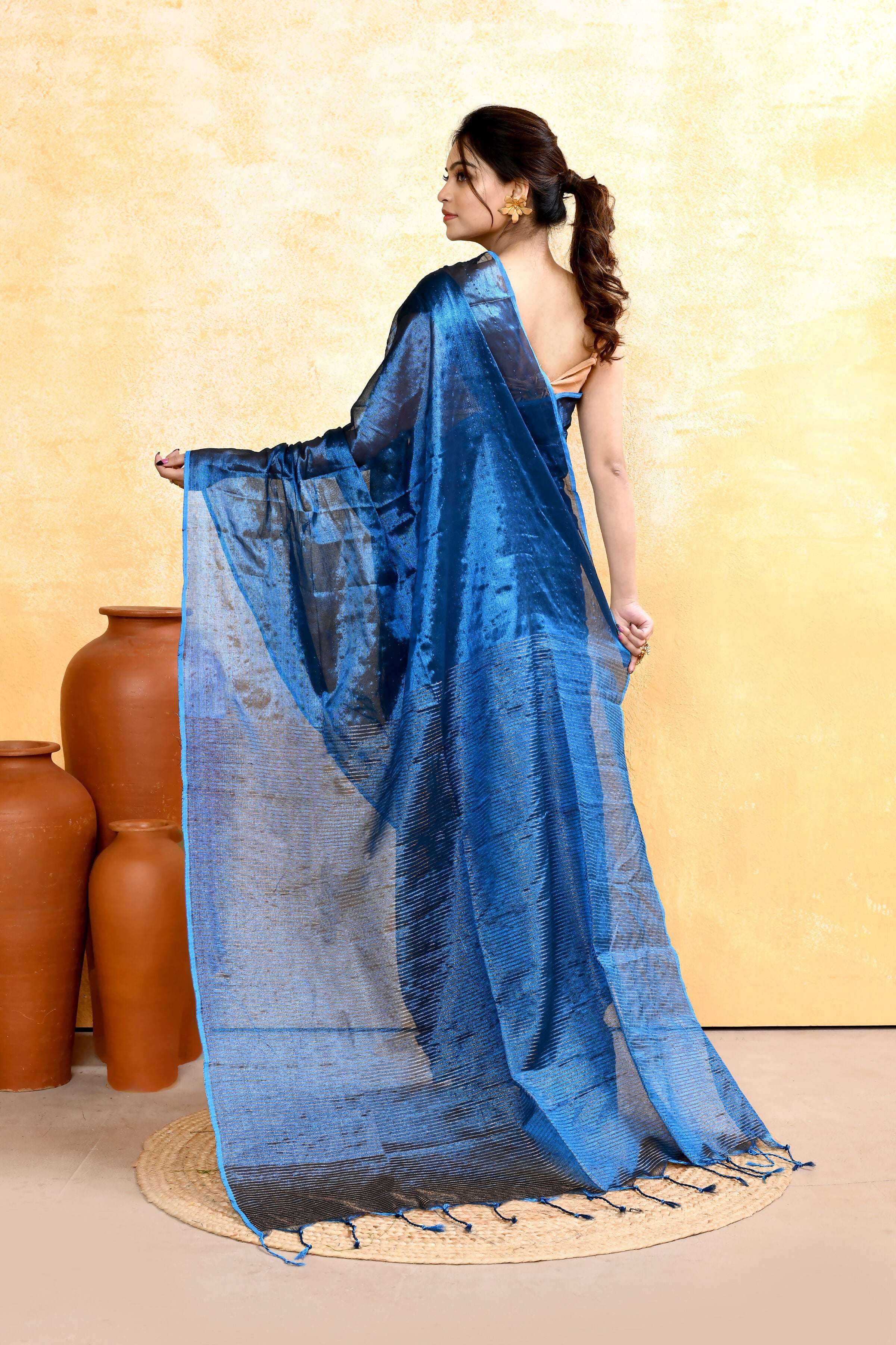 Piyari Fashion Women's Blue Dual Tone Organic Tissue Saree With Blouse Piece | Grocsy