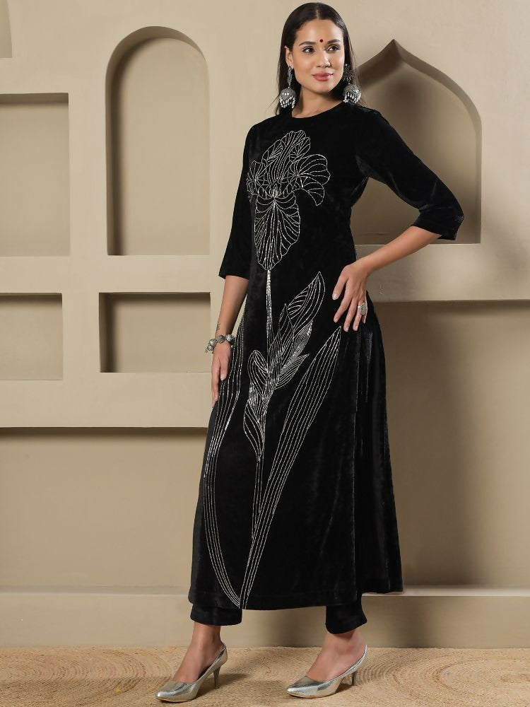 Joban Fashion Women Black Velvet Hand Embellishment Stitched Kurta Set | Grocsy