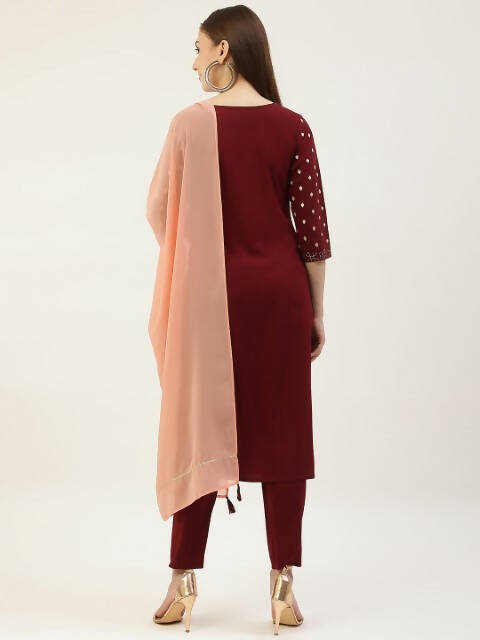 FIORRA Women's Maroon Poly Crepe Straight Kurta Pant With Dupatta | Grocsy