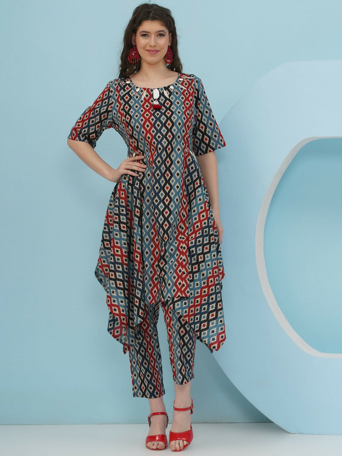 Joban Fashion Ikkat Printed Co Ord Set - Blue Red | Grocsy