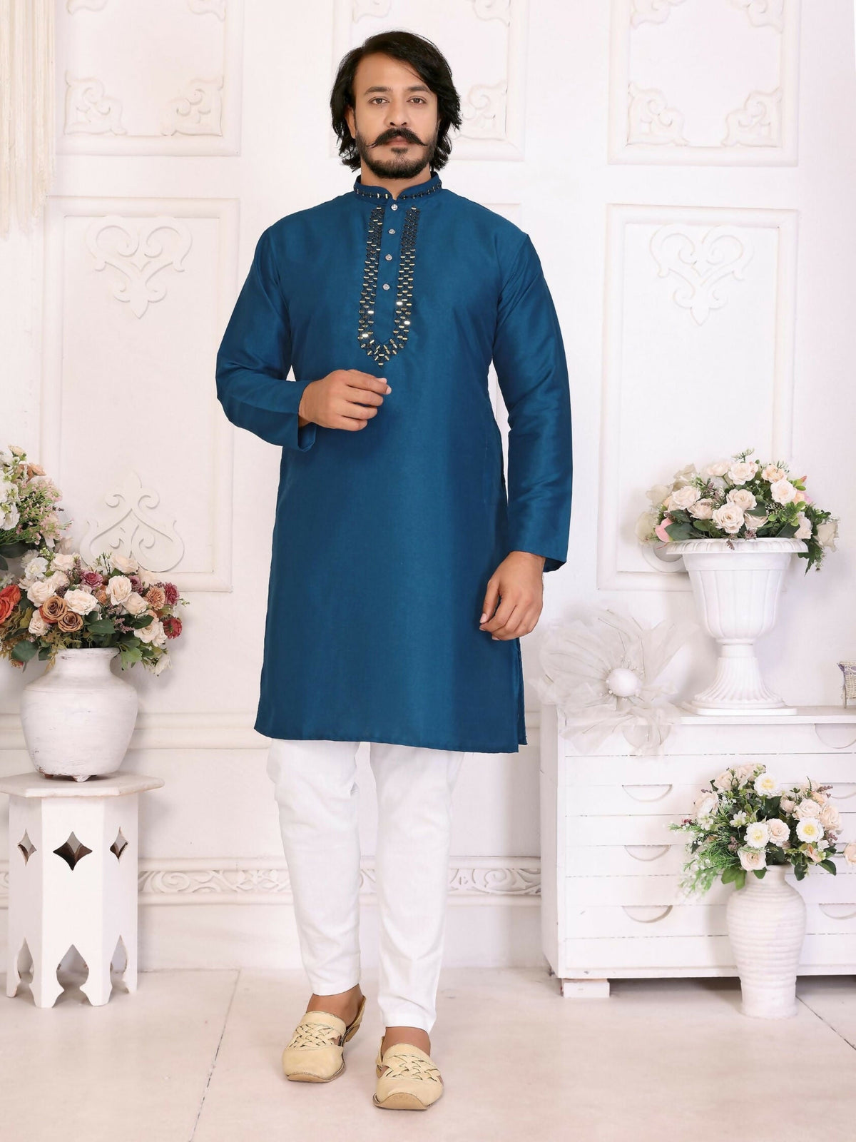 Anaita Teal Silk Straight Kurta With Neck Mirror Work | Grocsy
