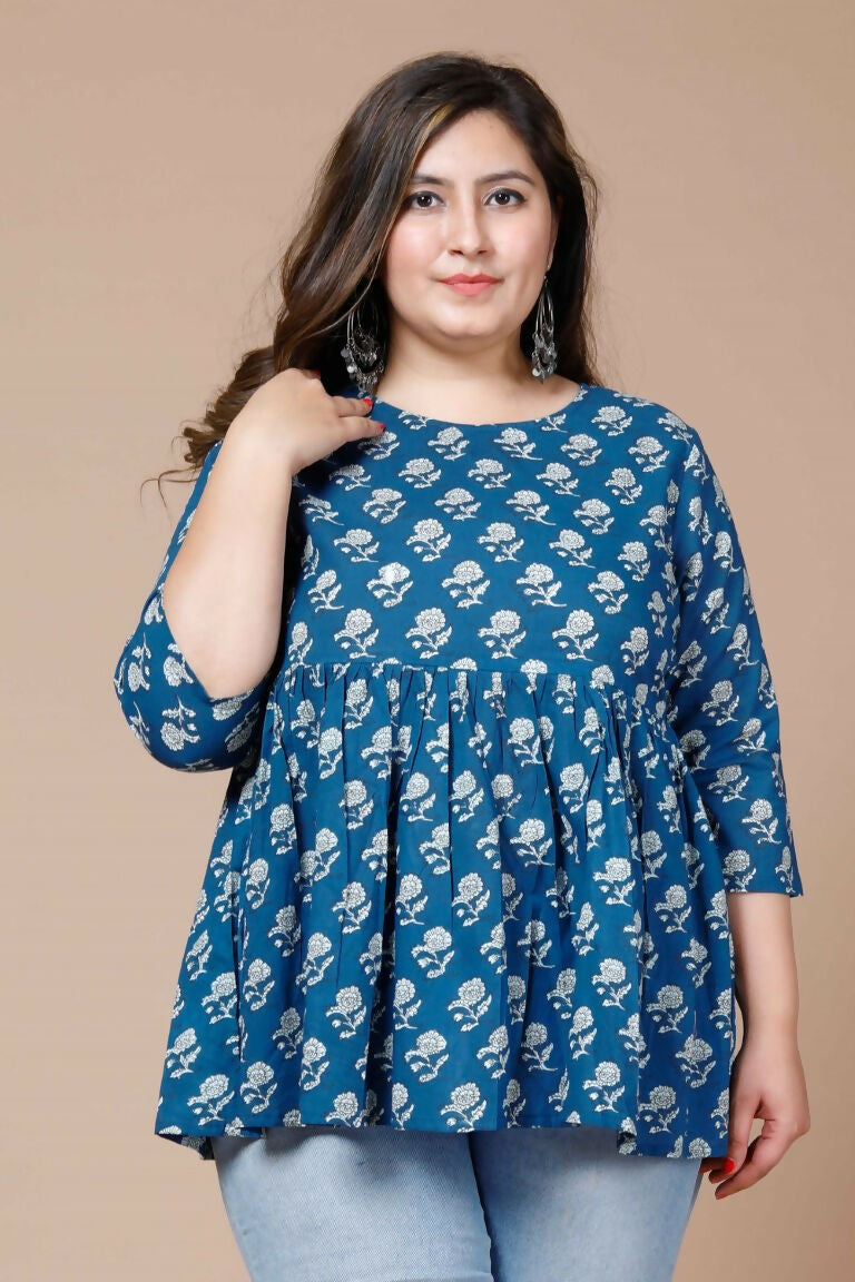 Miravan Women's Blue Plus Size Cotton Floral Printed Short Kurti | Grocsy
