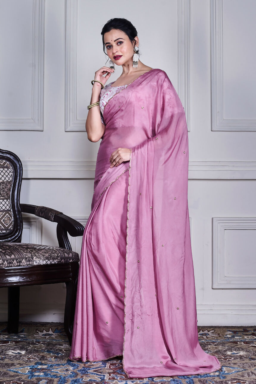 Morchari Purple Chiffon Hand Embroidery Saree And Stitched Blouse | Grocsy