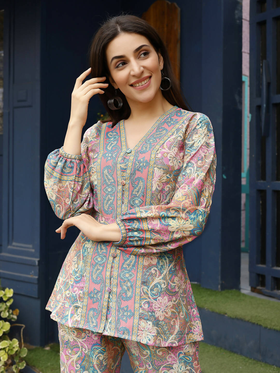 Pink Rayon Paisley & Floral Printed Top with Matching Bottom - Eesha | Grocsy