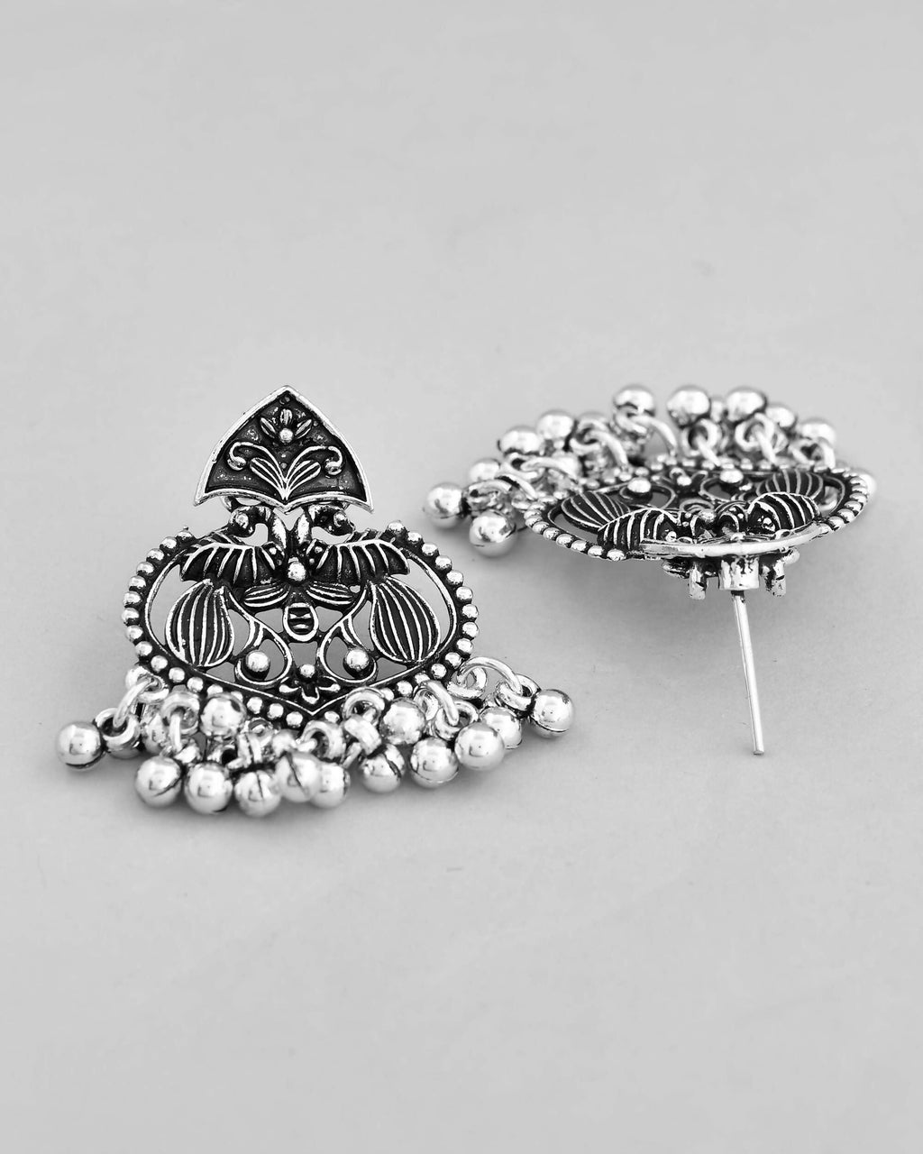 VOJ Silver Plated Oxidized Long Necklace with Earring Set | Grocsy